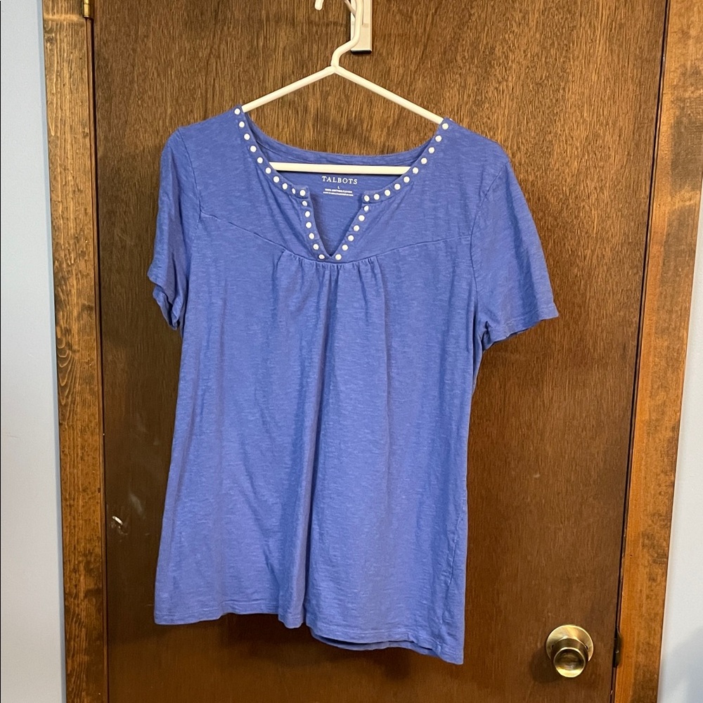 Talbots Periwinkle Short Sleeve Top with Pearl Accents